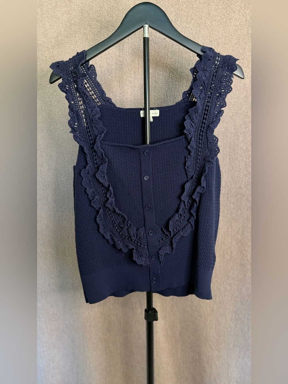Flint & Moss Navy Blue Lace Ruffle Button Front Knit Tank Top M